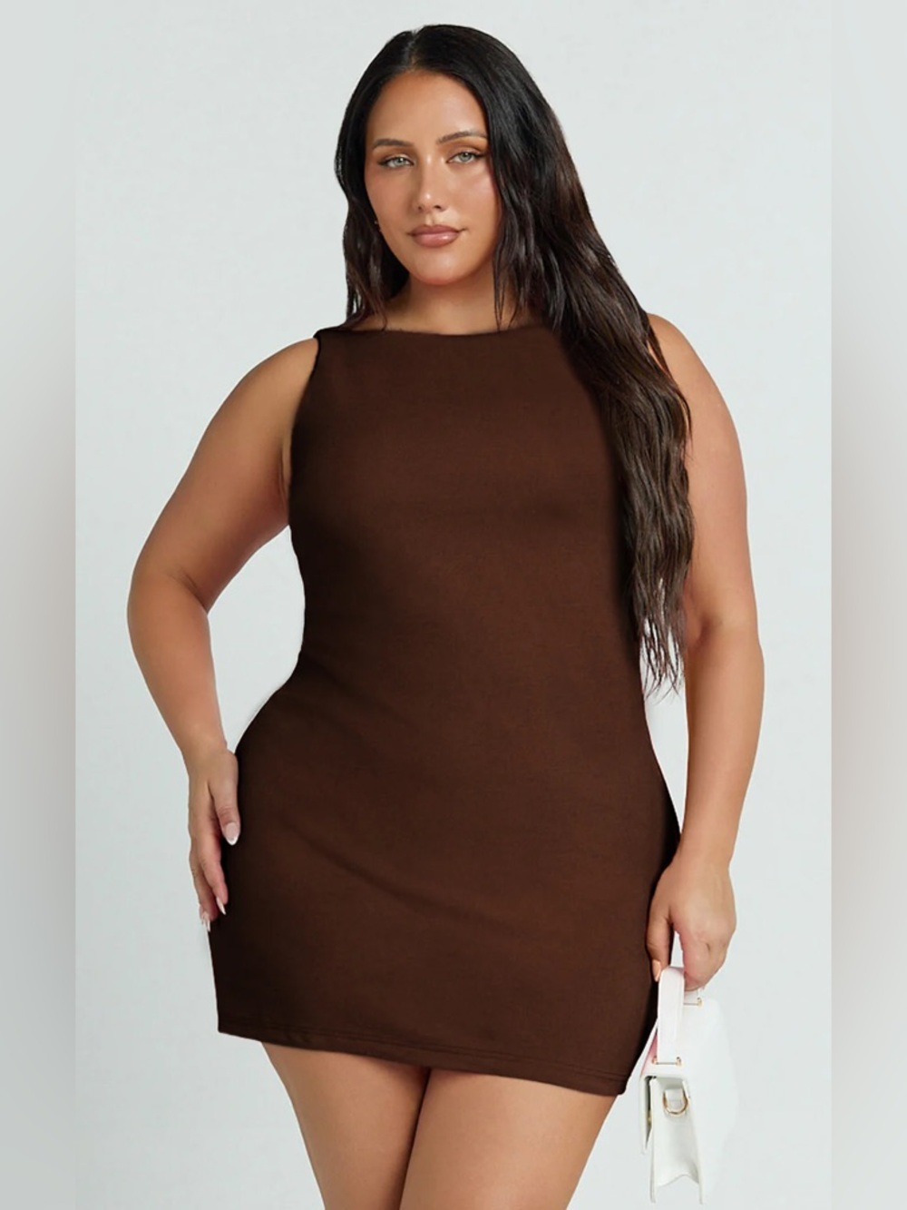 Showpo. BINDI BOAT NECK BODYCON MINI DRESS IN CHOCOLATE US 8